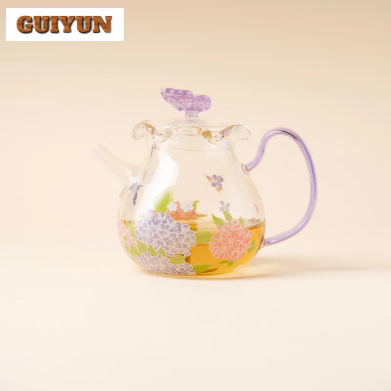

320 мл стеклянный чайник с гортензией и бабочкой, традиционный чайник для заварки чая, чайник с фильтром, принадлежности для чайной церемонии, украшения