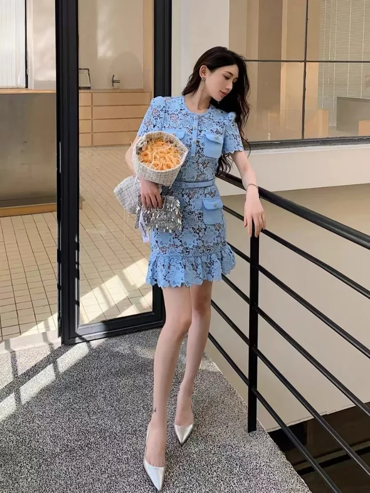 SMTHMA Light Blue Lace Hollow Out Slim Summer Dress Women's O-Neck Short Sleeve Luxury Diamond SMTHMA Light Blue Lace Hollow Out Slim Summer Dress Women's O-Neck Short Sleeve Luxury Diamond