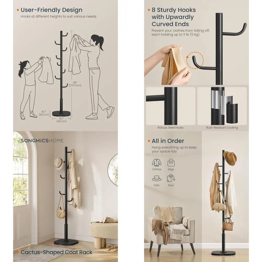 

Вешалка для одежды в стиле кактуса с 8 крючками для одежды, шляп и сумок, черная, цвета чернил.