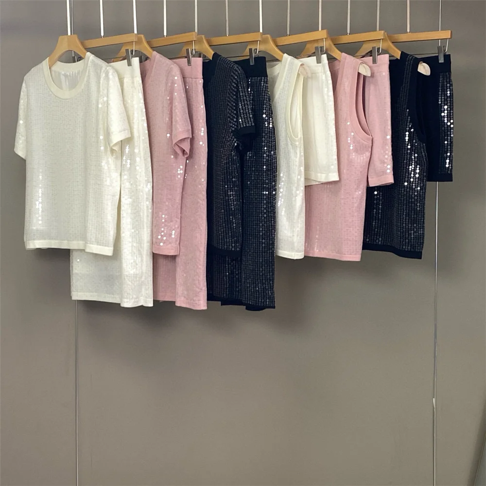 

Spring/Summer 26 New 4-Piece Set Crew Neck Sequin Short Sleeve Top/Sleeveless Tank/Drawstring Shorts /Elastic-Waist Skirt Suit