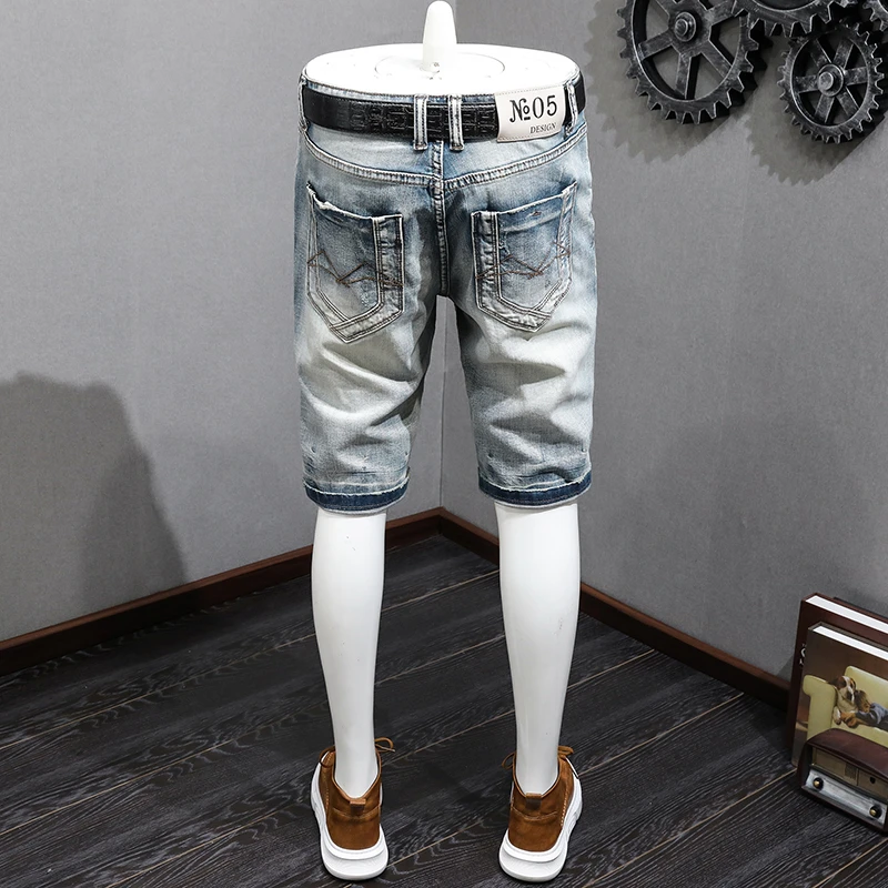 Ripped Denim Shorts Men's Nostalgic Retro Slim Fit Korean Style Street Style Trendy Scrape Personality All-Match Casual Shorts