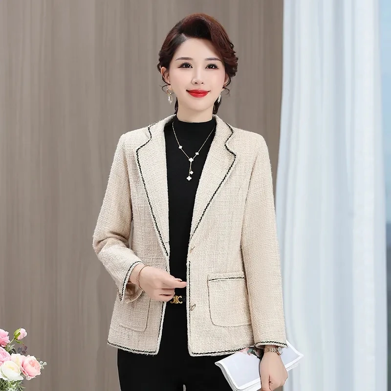 

Spring Autumn Tweed Women Jacket 2023New Mid-Aged High quality Long Sleeve Cardigan Lady Korean Short Elegant Woolen Coat Female