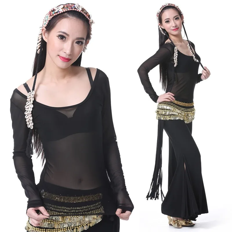 Customized Tribal Style Transparent Round Neck Long Sleeved Belly Dance Specific Transparent Base Top