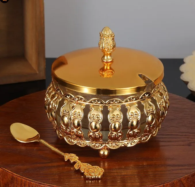 

European Style Iron Art Spice Jar Metal Seasoning Container Lid Spoon Kitchen Sugar Holder Vintage Candy Dish with Lid