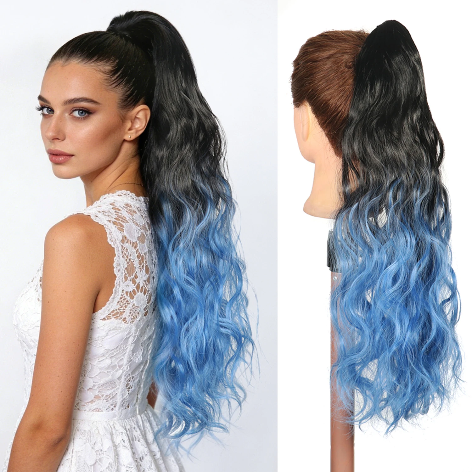 

22-дюймовые синтетические накладные хвосты «Водная волна» с застежкой-крабиком, омбре от черного до синего, разноцветные пряди для женщин и девушек