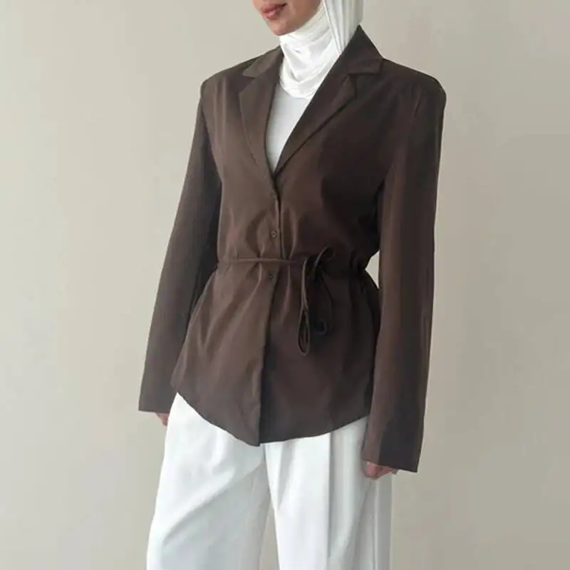 

EAEOVNI 2025 Fashion Women's Jacket Blazer Lace-up Button Gathered Waist Striped Office Lady Coat Temperament Clothing