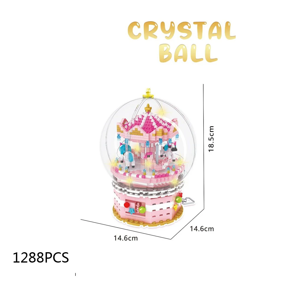 

Fairy Tale Building Block Pink Merry-go-round Music Box Bricks Assemble Model Educational Toys With Light Nanobrick Collection