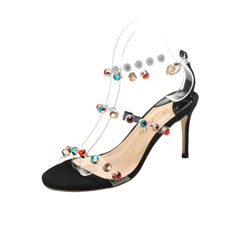Transparent Strap Sandals 2024 New European and American Rivet Roman Shoes Crystal Color Diamond Fine Heels High Heels for Women