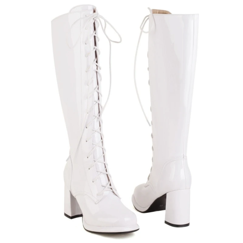 Women\'s Knee High Boots Lace-up Block Heels Party Winter Shoes Ladies Footwear Large Size 44 Black White Red Long Party Boot