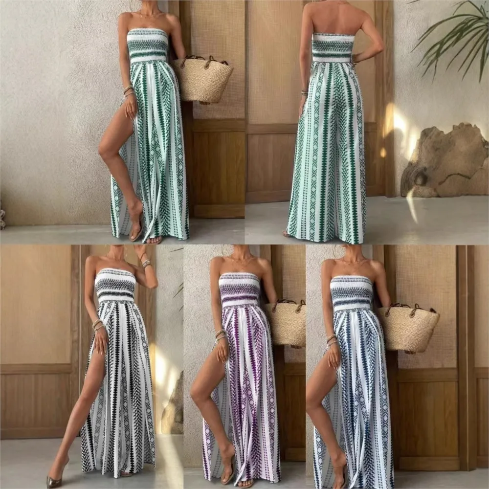 

Vacation Jumpsuits For Woman Bohemian Personality Temperament Contrast Wrap Chest Slit Loose Wide Legs Trouser Sleeveless Trendy