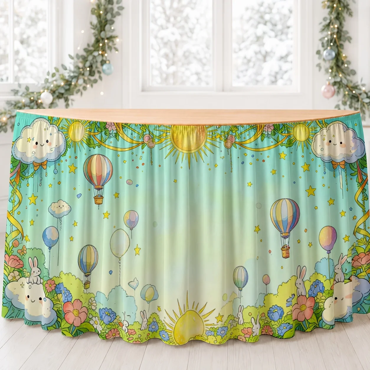 One table skirt tablecloth with whimsical and fantastical dreamy pastel floral, balloon, cloud, sunshine, garden pattern.xzj