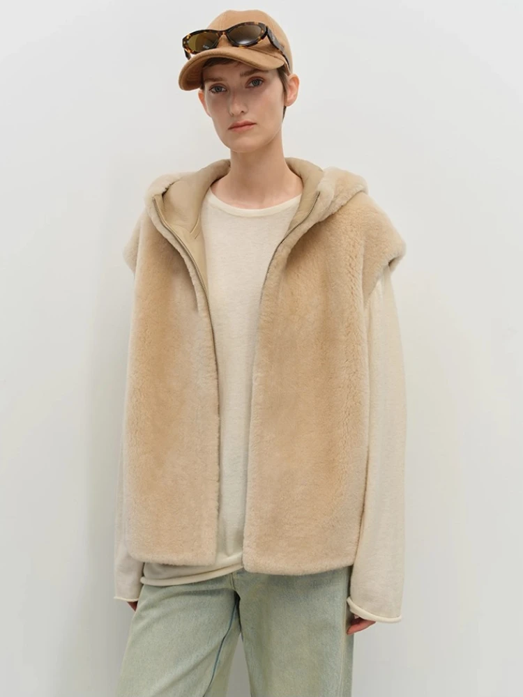 High-end Luxury Merino Sheep Fur Sleeveless Vest Jackets Women Autumn Winter Simple Short Hooded Genuine Leather Real Fur Coat