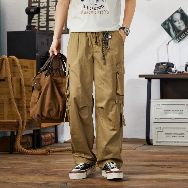 

American Retro Multi Pocket Cargo Pants for Men Spring Autumn Men's Casual Baggy Wide Leg Pants Japan Harajuku Streetwear