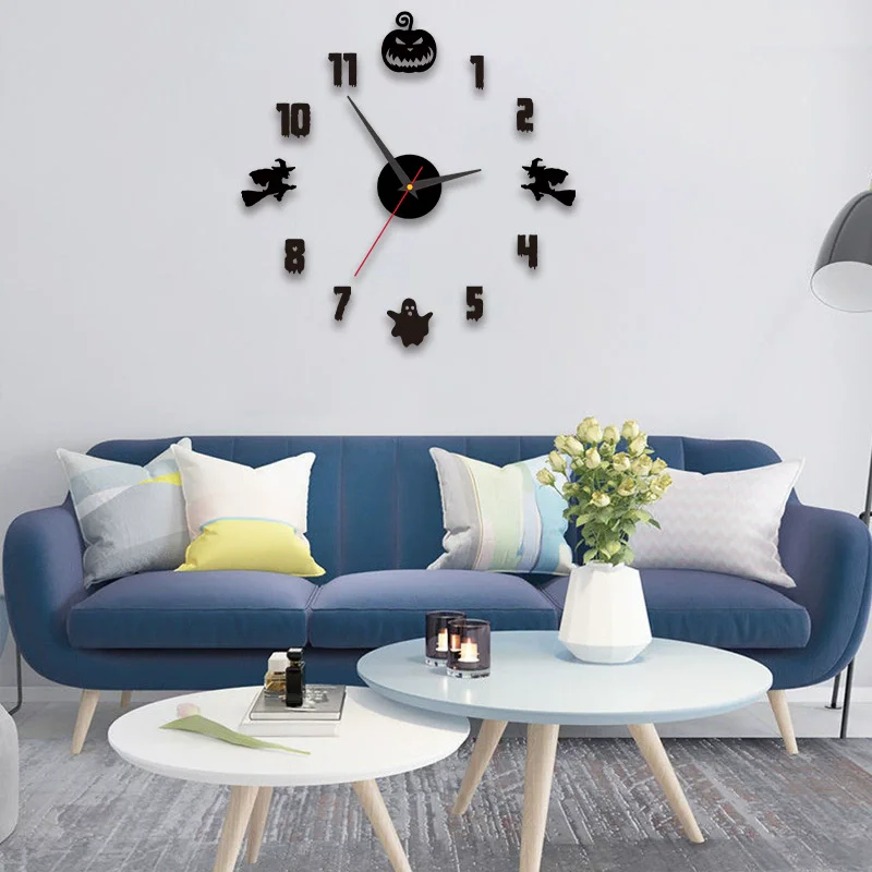 

3D Acrylic Digital Wall Clock Halloween Design Mirror Wall Clock Fashion Small Round Wall Clock DIY Self Adhesive Clocks