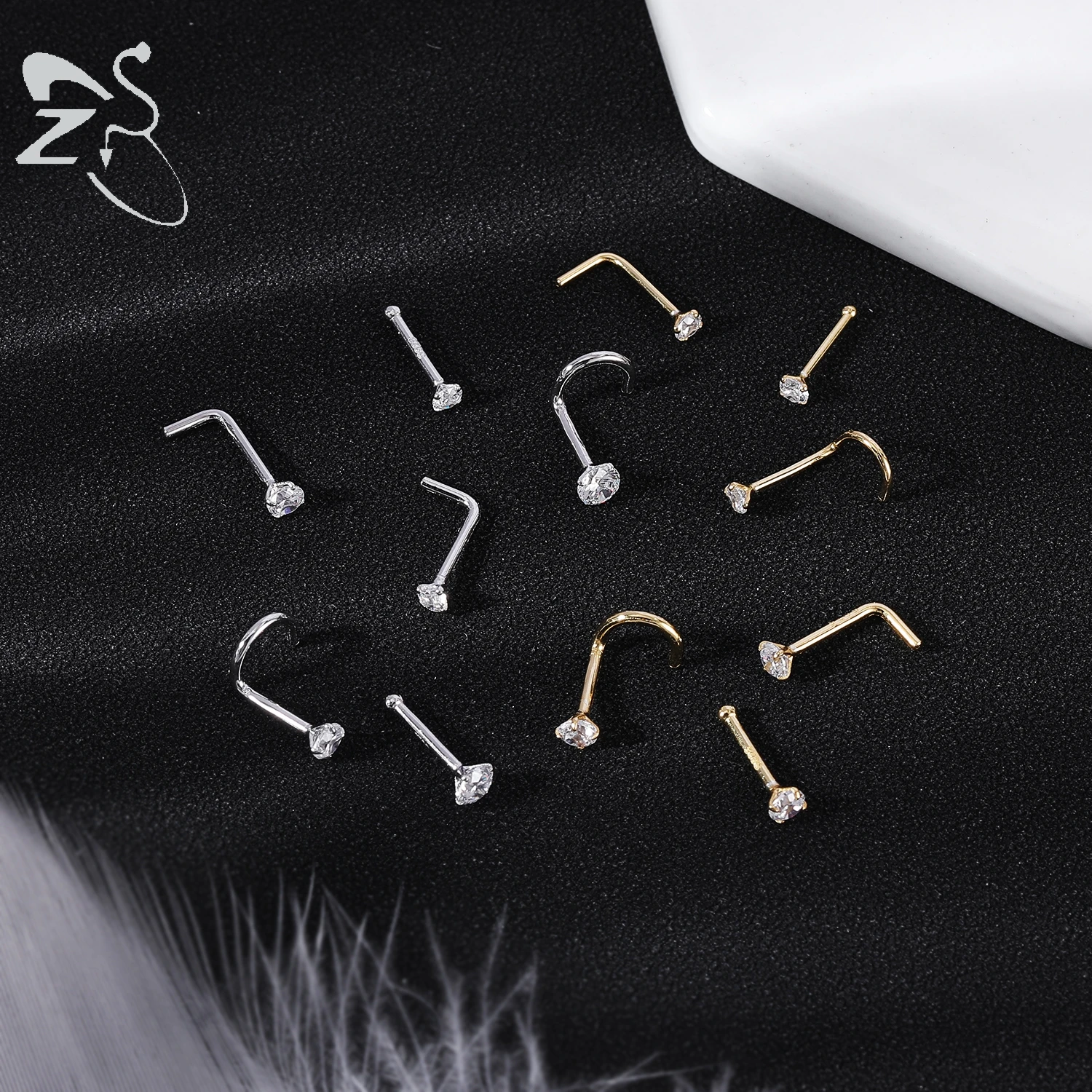 ZS 1PC 18/20G 925 Sterling Silver Nose Stud Gold Color Crystal Nose Piercings Screw L-Shape Retainer Nostril Piercing 2-3.5mm