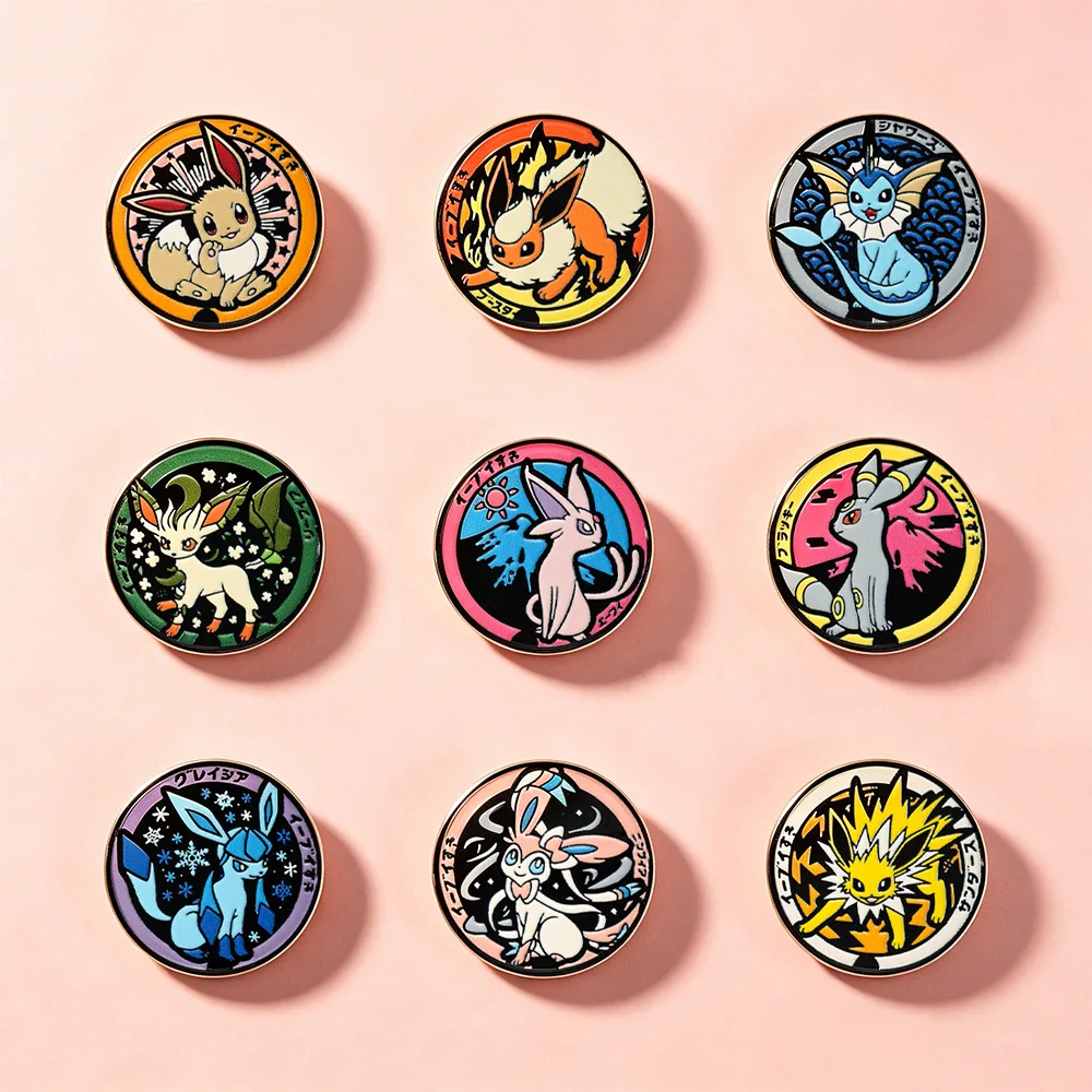 Juego de pines esmaltados Eeveelutions, 9 broches de metal con la linda familia Eevee, pines de solapa de dibujos animados de anime para decoración de ropa y mochilas