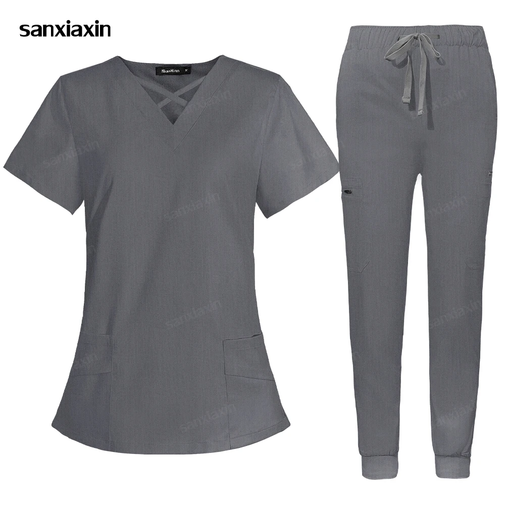 

Nurse Uniforms Women Casual Jogger Suit Short Sleeve Apparel Top Pharmacy Working Medical Hospital Doctor Nursing Uniform V-neck