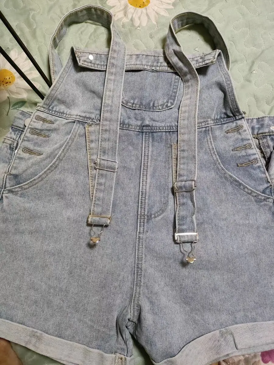 2024 Summer New Blue Denim Shorts Slim Wide Leg Sling Hot Short Trousers High Waist Buttons Jumpsuit For Women