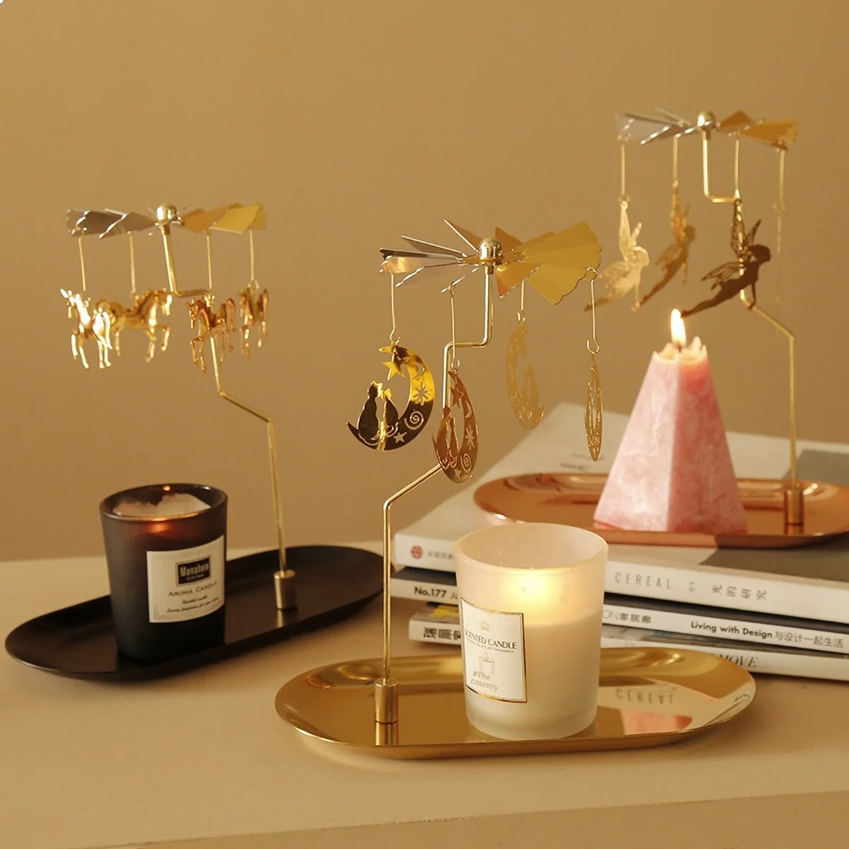 Windmühle rotierender Kerzenhalter Lampe Gold Metall für Tischdesign Kerzenständer, dekorative Heim-Essdekoration