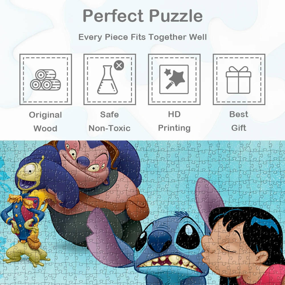 Lilo und Stitch Puzzles Klassische Disney Holzpuzzles Lilo Kiss Stitch Cartoon DIY Puzzlespiel Spielzeug Geschenk für Erwachsene