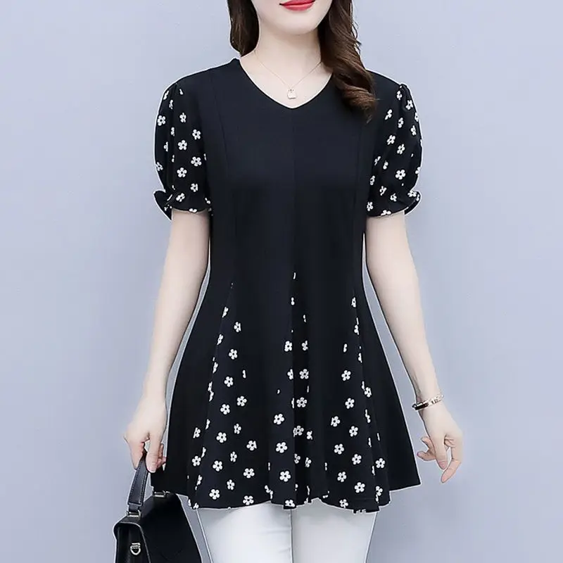 Blusa elegante com decote em v para mulheres, camisa coreana, doces flores quebradas, manga folhada, cintura elegante, roupas de deslocamento,