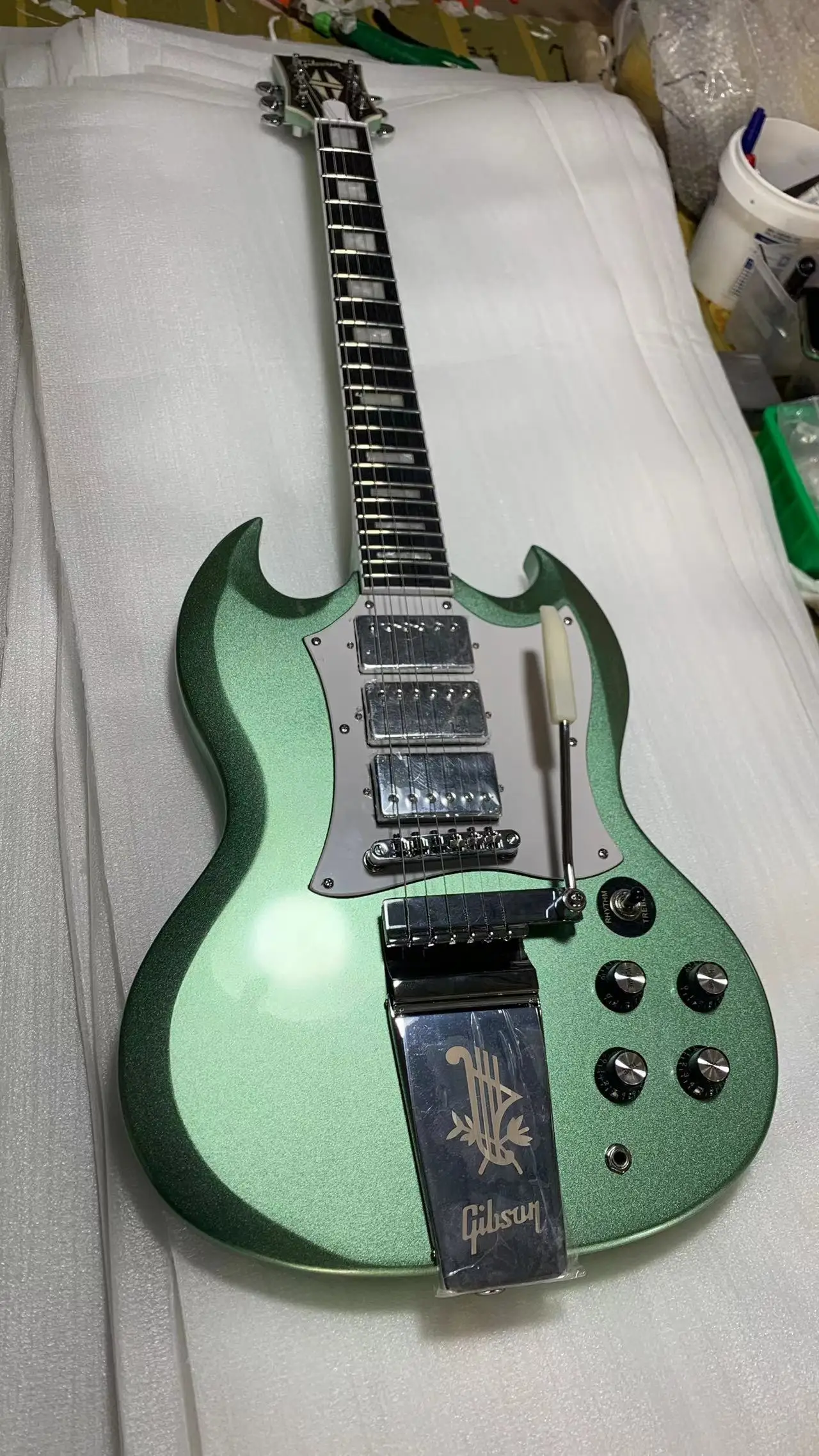 SG Electric Guitar Cream Green Color Golden Hardware Mahogany Body 6 Strings Handcrafted Guita