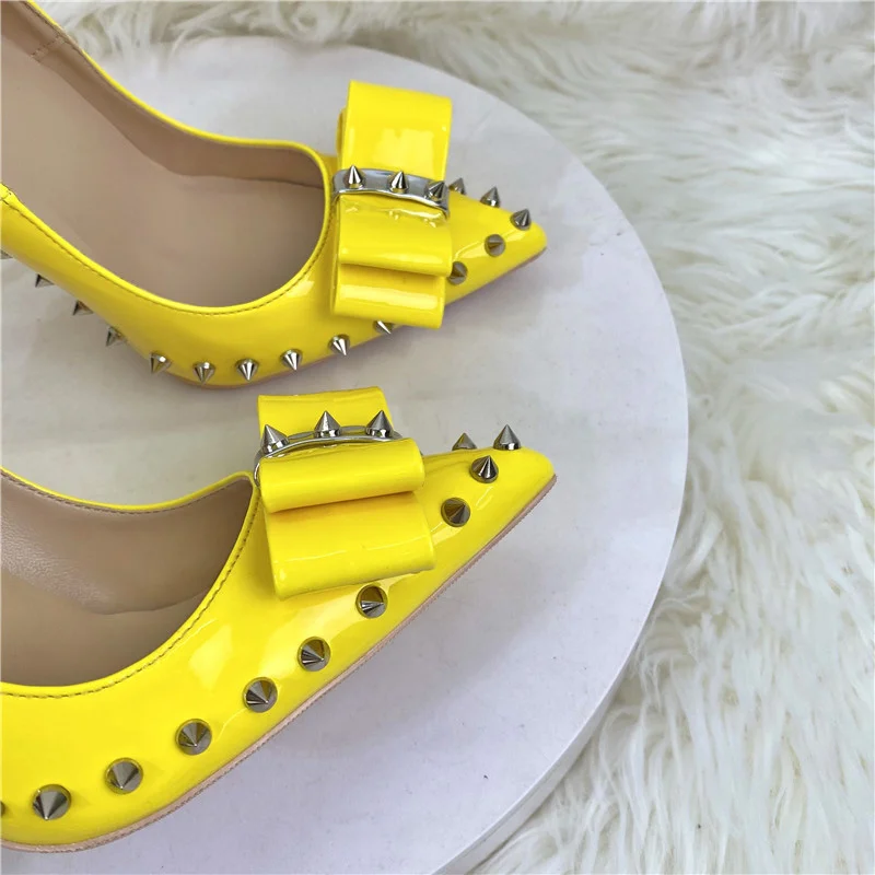 Heelgoo Spikes Bow Women Glossy Yellow Pointy Toe High Heel Shoes Plus Size 33-46 Sexy Party Stiletto Pumps Color Customizable