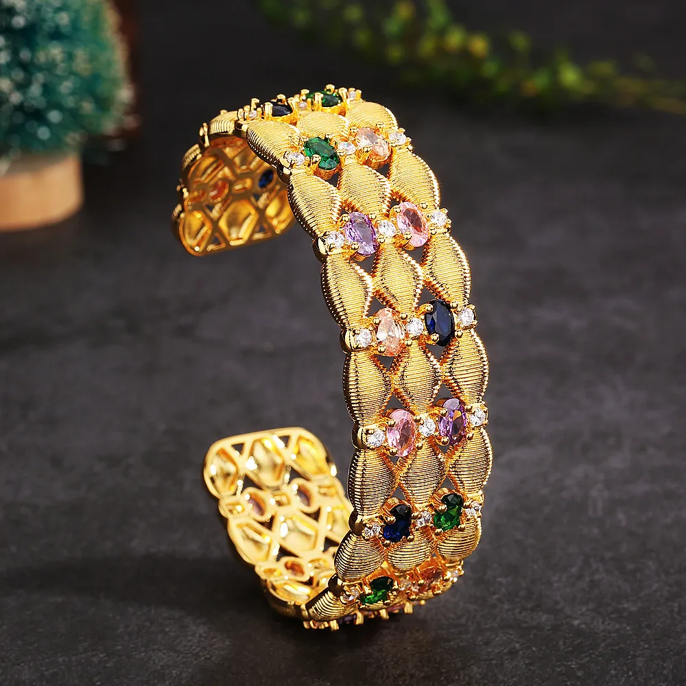 Famous Italian Designer 18K Gold Plated Colorful Zircons CZ Cuff Bangles Stainless Steel Gems Bracelets 14K Gold Filled Jewelry