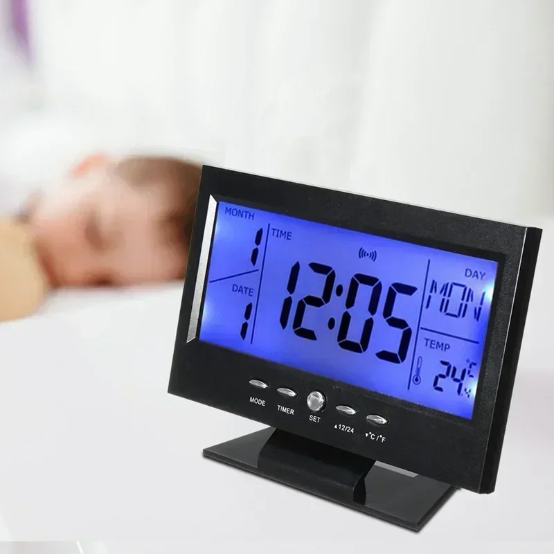 

Backlight Digital Snooze Table Decoration Creative Voice Control Alarm Clock Perpetual Calendar Hygrometer Weather Thermometer