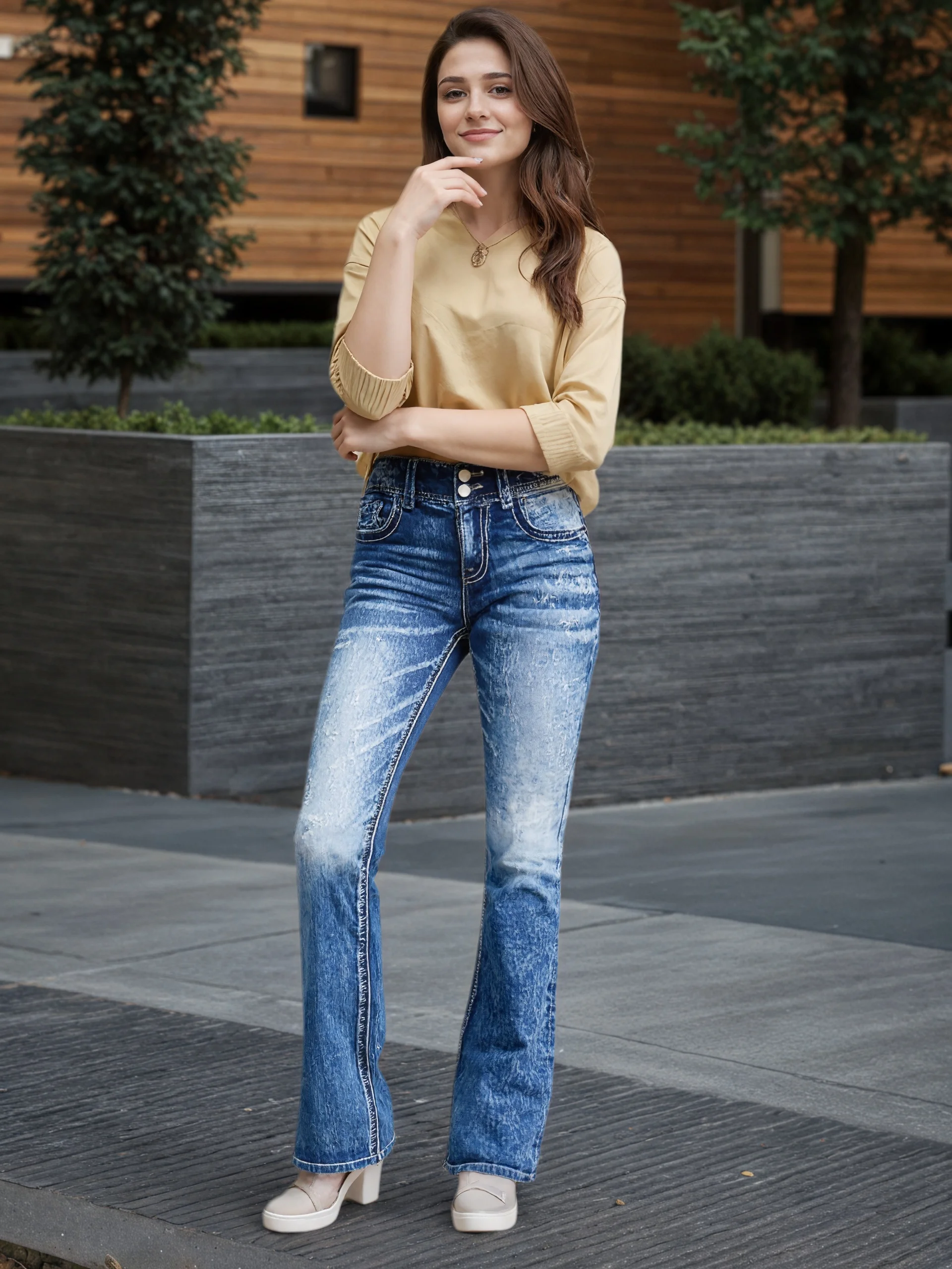 

Women's high waisted elastic jeans, fashionable and versatile, comfortable embroidered slim fit jeans, basic flared jeans