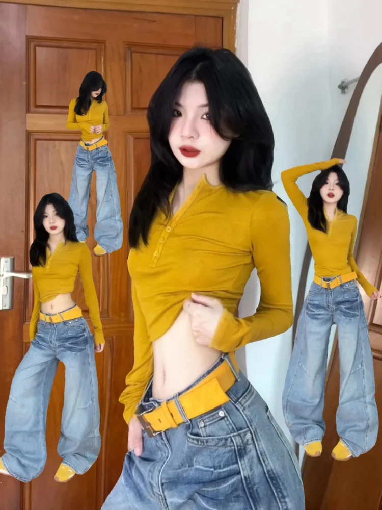 เสื้อยืดทรงเข้ารูป แขนยาว ผู้หญิง เซ็กซี่ สไตล์อเมริกัน สาวฮอต คอเปิด ดีไซน์เอวต่ำ สำหรับฤดูใบไม้ร่วง