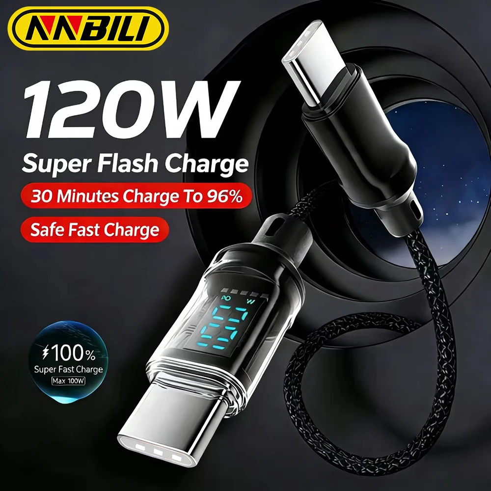 NNBILI 120W USB C to Type C For iPhone 15 16 17 Digital Display Cable Fast Charging USB A to Type C Cable For Samsung S26 HUAWEI