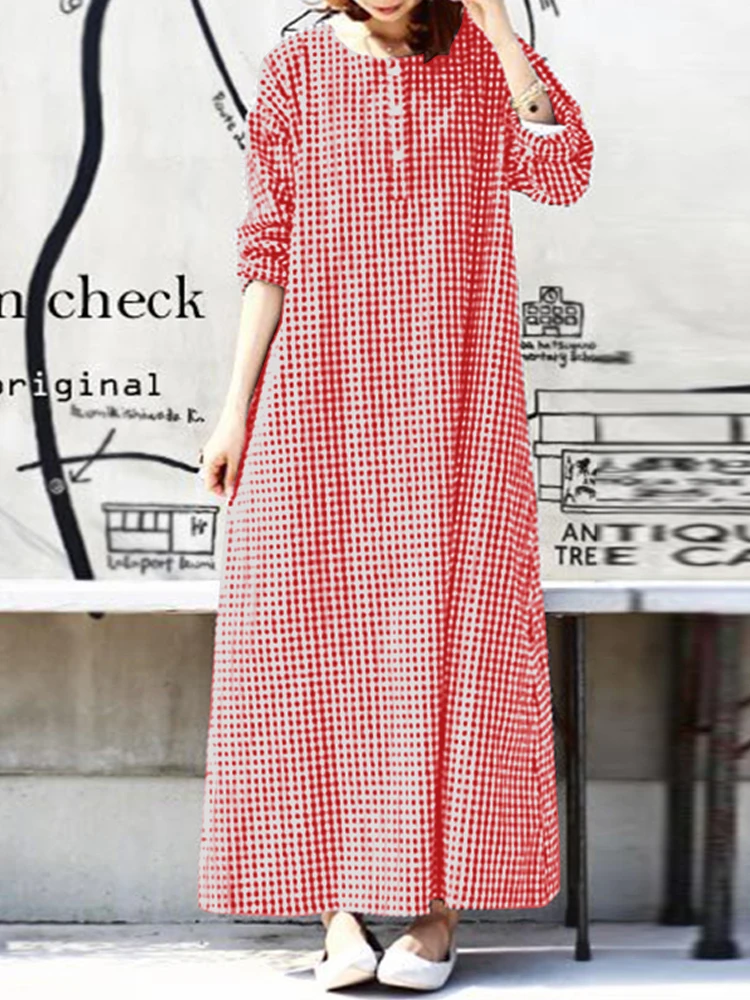 ZANZEA-Robe d'été à carreaux à manches longues pour femmes, Robe maxi décontractée, Vintage, Vacances, Mode, Automne, 2024