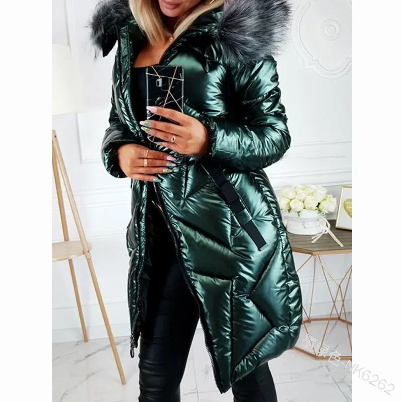 

Mid-Length Styles Women's Parkas Fashion Zipper Glossy PU Outwear Women Big Fur Collar Slim Fit Spliced Pockets Women Clothing