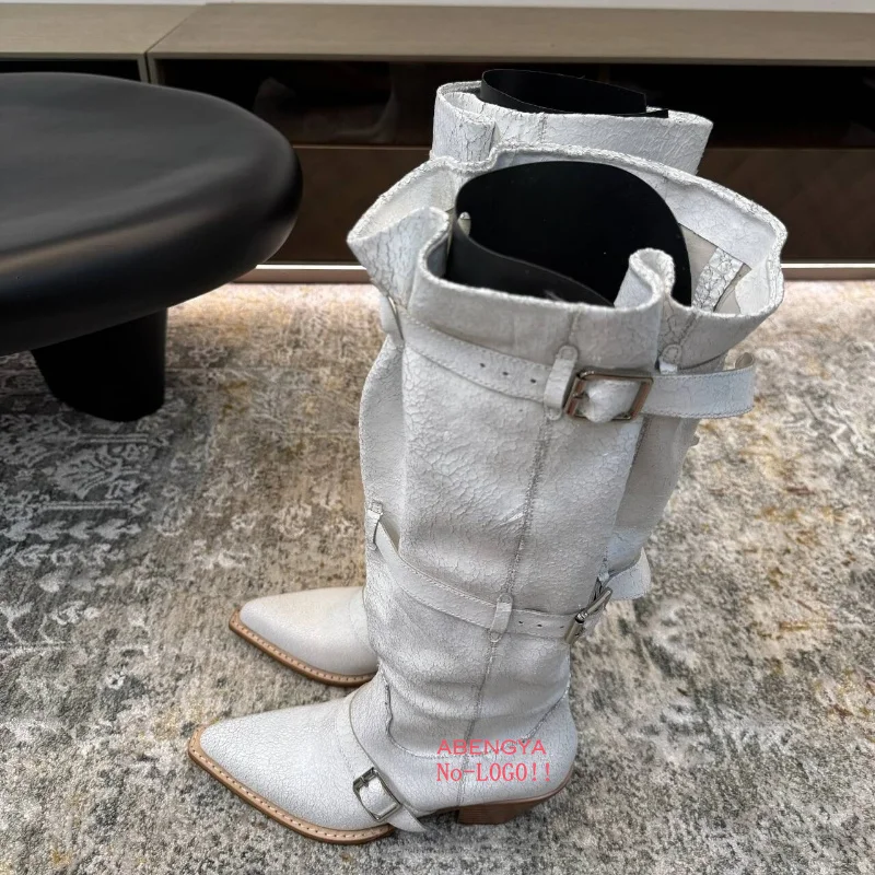 Winter Black Suede Leather Knee High Boots Women Pointy Toe Belt Buckle Motorcycle Long Boots Designer Party Thigh Boots Women view 3
