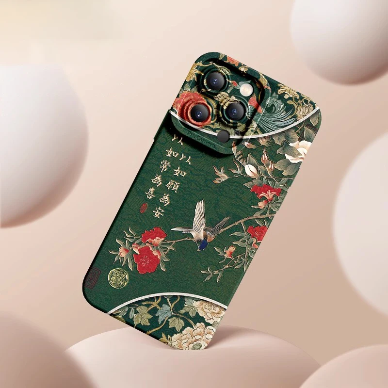 Deluxe Case For iphone16 15 14 13 12 11 Pro Max Silicone Advanced Cell Phone Protective Cover Retro Peony Bird