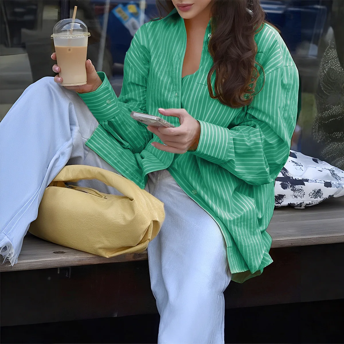 2025年秋 レディース エレガント ストライプ 長袖 カジュアルシャツ 女性用 ラペル シングルブレスト ルーズ スリム ブラウス トップ ストリートウェア