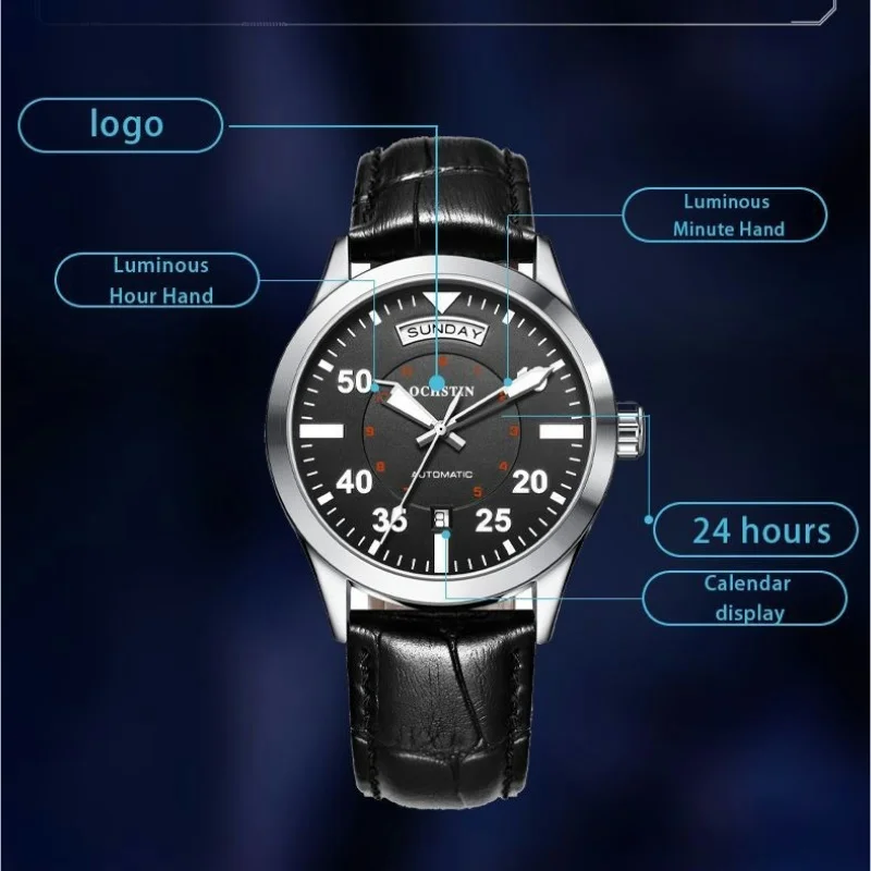 ساعة ميكانيكية أوتوماتيكية للرجال ، السلسلة الرئيسية ، 42 قرص مع اليوم والتاريخ ، يد مضيئة بالتقويم ، حزام جلدي ، 3ATM