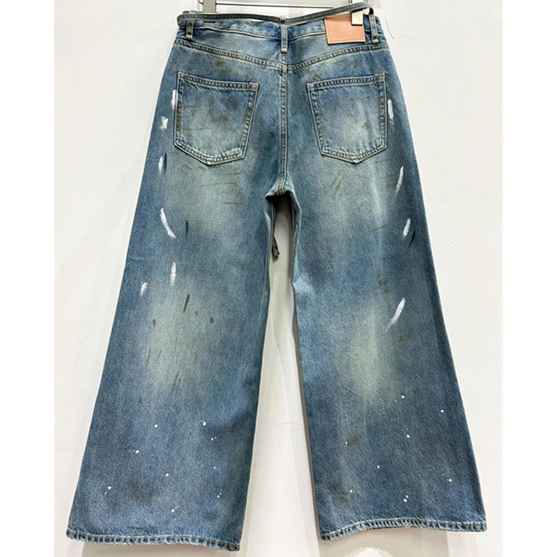 Jenny&Dave Vintage Mom Jeans High Street American Distressed Harem Jeans Wide Leg Denim Pants Splashed Ink Tied Jeans Women