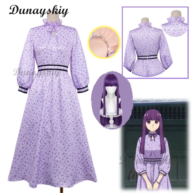 

Frieren Beyond Journeys End Season 2 Fern Cosplay Costume Wig Purple Floral Dress Halloween Party Role Play Outfit