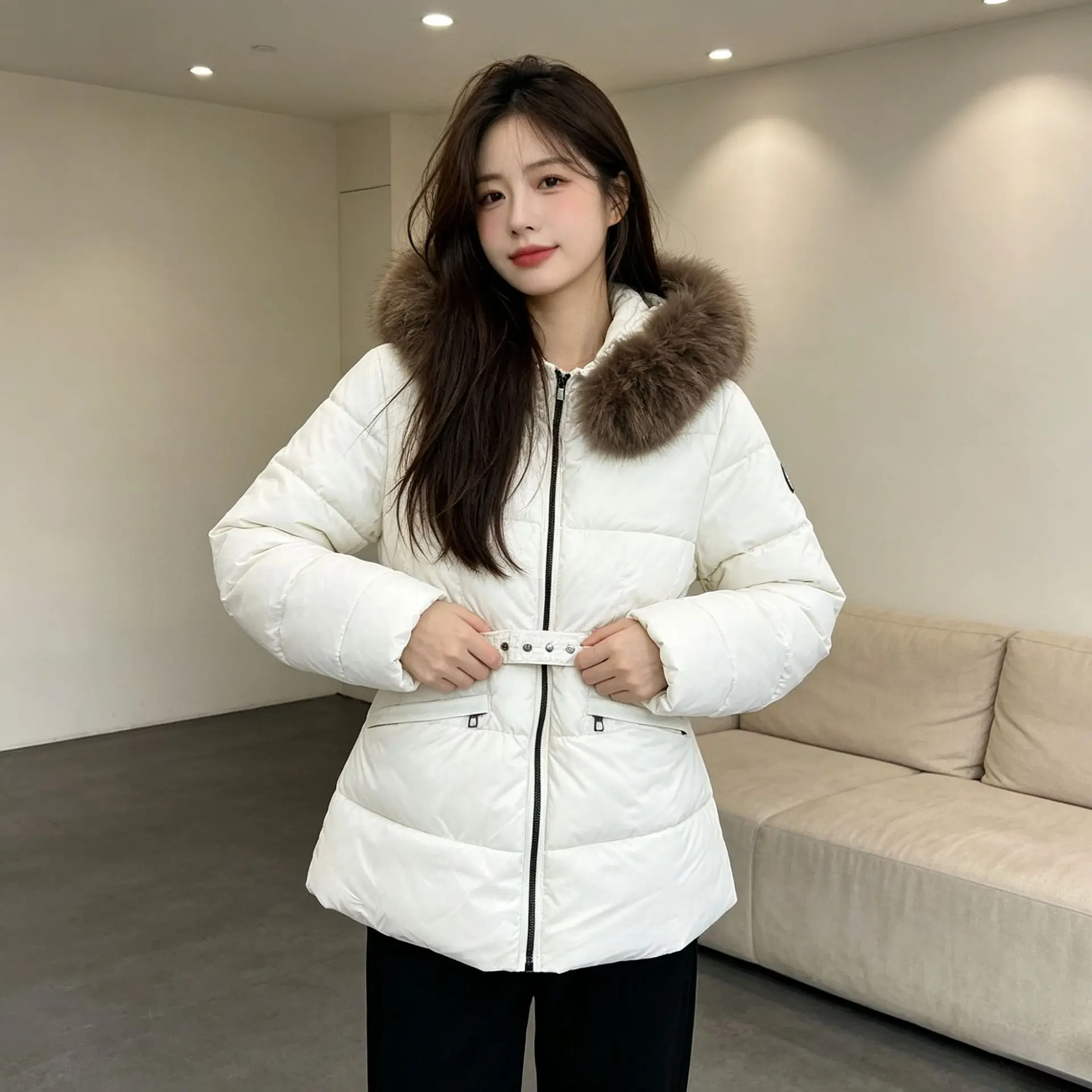 Slim Fit Waist Cinched Puffer Jacket For Women Large Fur Collar Hooded Zip Up Short Winter Warm Parka Coat