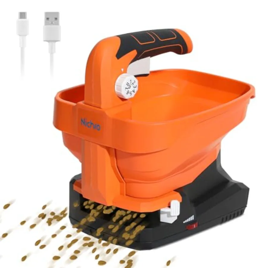 

Electric Seed and Fertilizer Spreader Type-C Rechargeable Handheld Lawn and Salt Spreader 6 Speeds and 8 Flow Settings 3.3L Cap