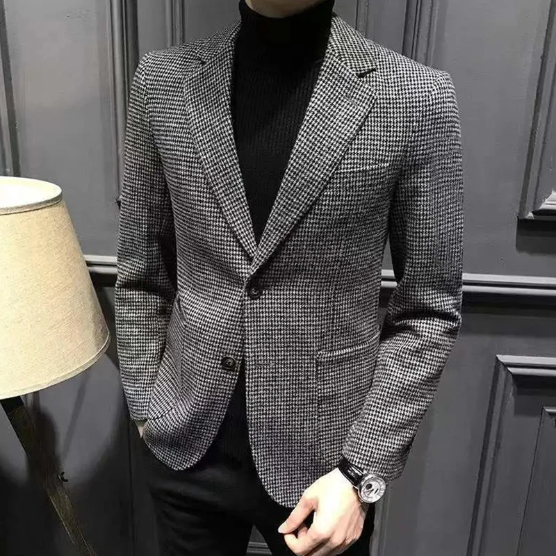 Men\'s Suit Jacket Gray Houndstooth Wool Tweed Retro Thickening Jacket Formal Business Jacket Groomman for Wedding Jacket 2022