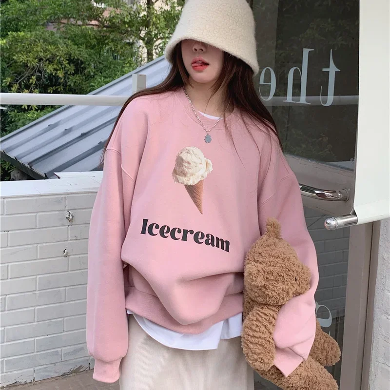 

2025 Pink Fun Printed Hoodies Women Korean Loose Crewneck Sweatshirts Female Fashion Warm Autumn/Winter Pullovers Hoodie