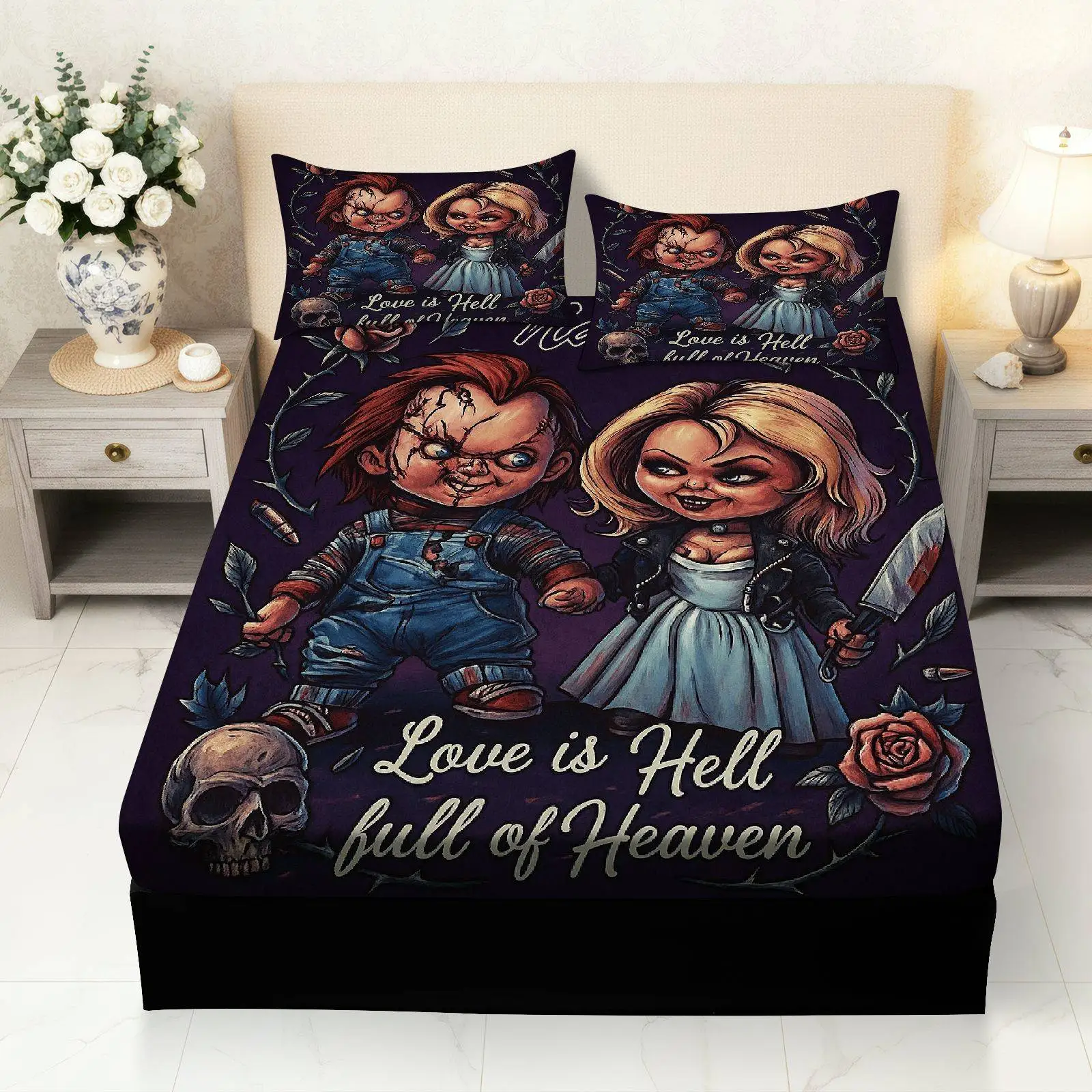Three-Piece Horror Doll Skull Rose Bed Sheet Set (Includes 1 Fitted Sheet + 2 Pillowcases, No Inserts), Halloween Theme, Thriller Bedding, Soft and Breathable Mattress Protector
