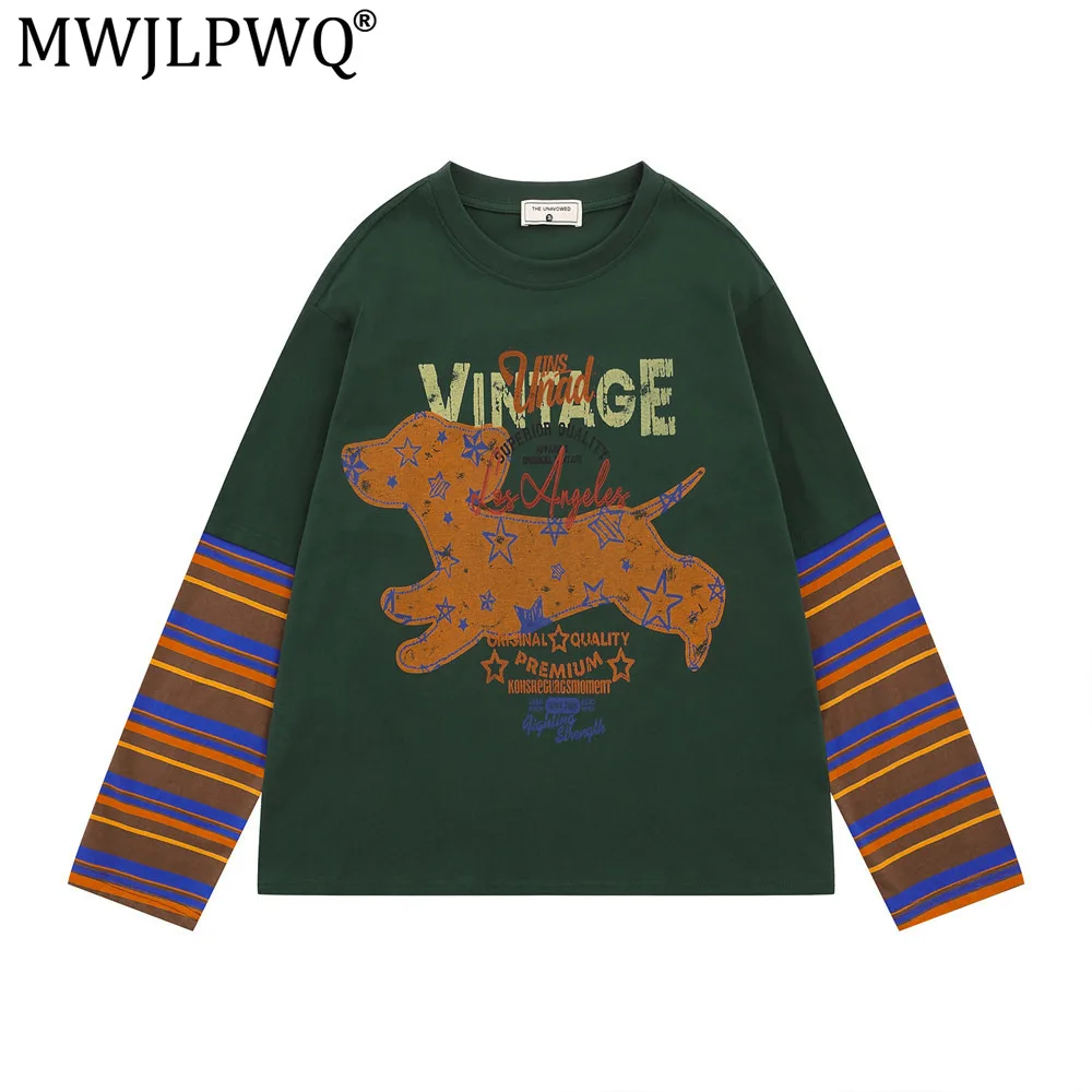 MWJLPWQ Fake Two-Piece Striped Long-Sleeve T-Shirt For Men INS American Street Fashion Print Design Loose Casual Tops 20607
