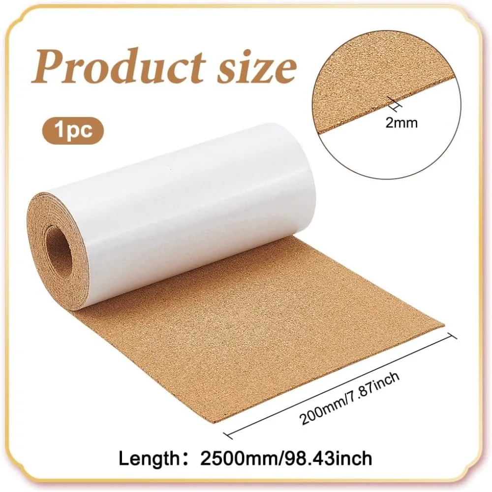 98.4x7.8 Inches Self-Adhesive Cork Roll, 2mm Thick Strong Self-Adhesive Cork Boards, Coasters Cork Sheets for Bulletin Boards