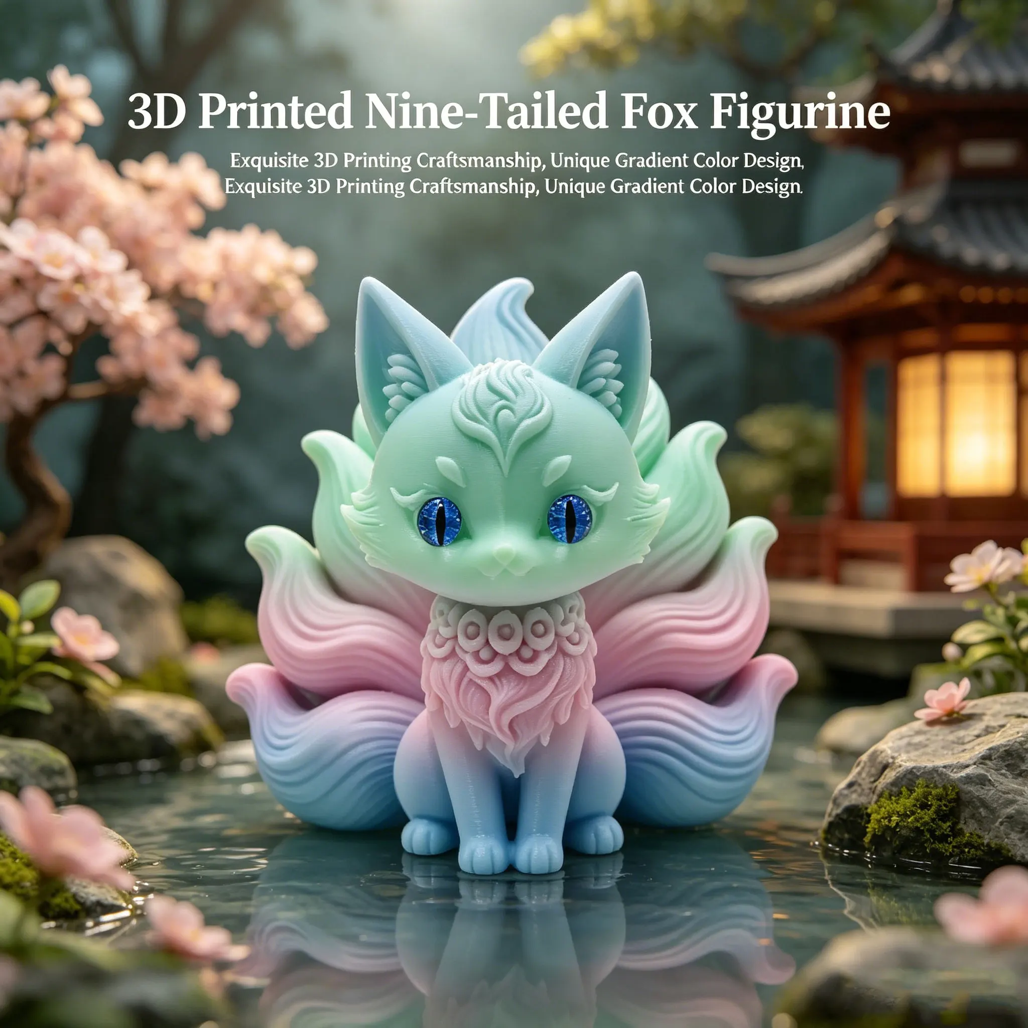 3D Printed  Nine-Tailed Fox Figurine Cute Mystical Fox Statue Exquisite Desk Decor Ornament, Fantasy Collectible Gift for Friend