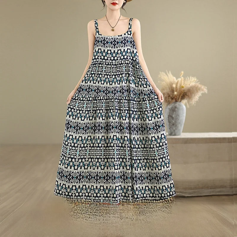 

Floral Print Cotton Linen Blend Strapless Dress Thin Soft Skin-Friendly Material Knee-Length Maxi Gown for Women Summer Wear
