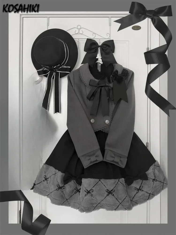 

Preppy Cropped Lace Patchwork Y2k Aesthetic Jackets + Contrast Color Grunge Skirts Women Spring Sexy Two Pieces Set Harajuku